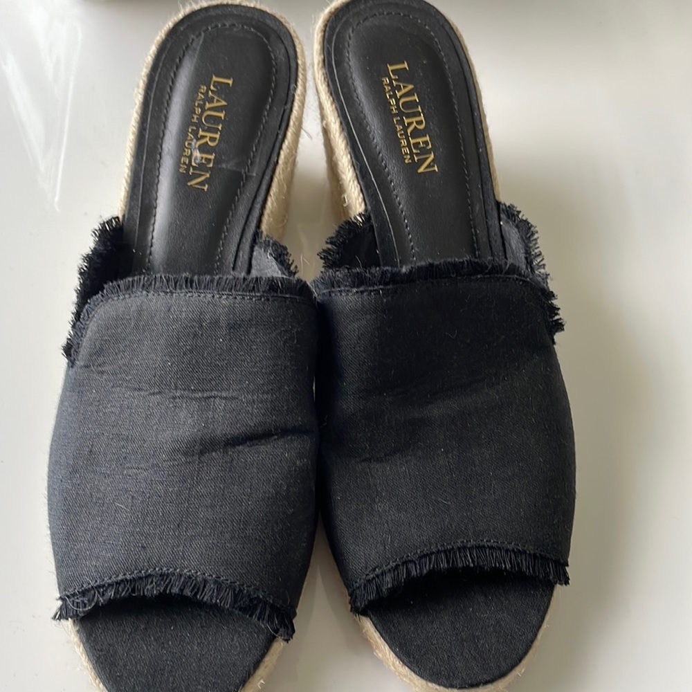 NWOT Ralph Lauren Women Carlynda linen Wedge Espadrilles Black size 10.